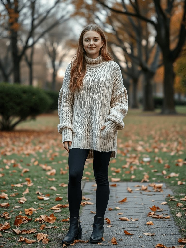 Teen girl in oversized sweater and leggings for fall