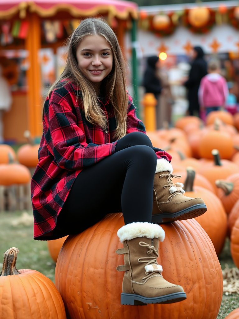 Teen girl in flannel and leggings for cozy autumn style
