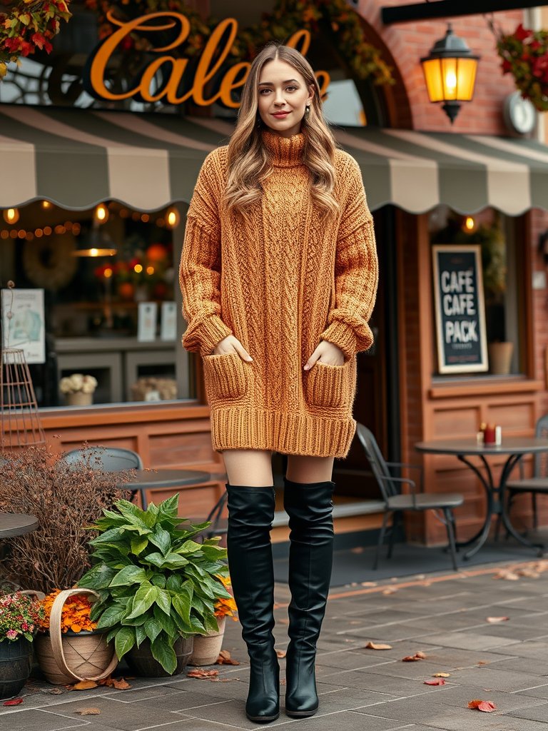 90s cozy fall outfit: sweater dress and over-the-knee boots