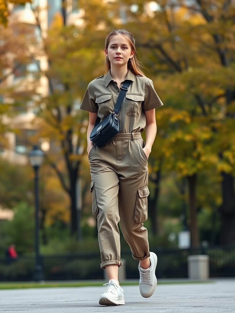 Teen girl in jumpsuit and sneakers for cool fall style