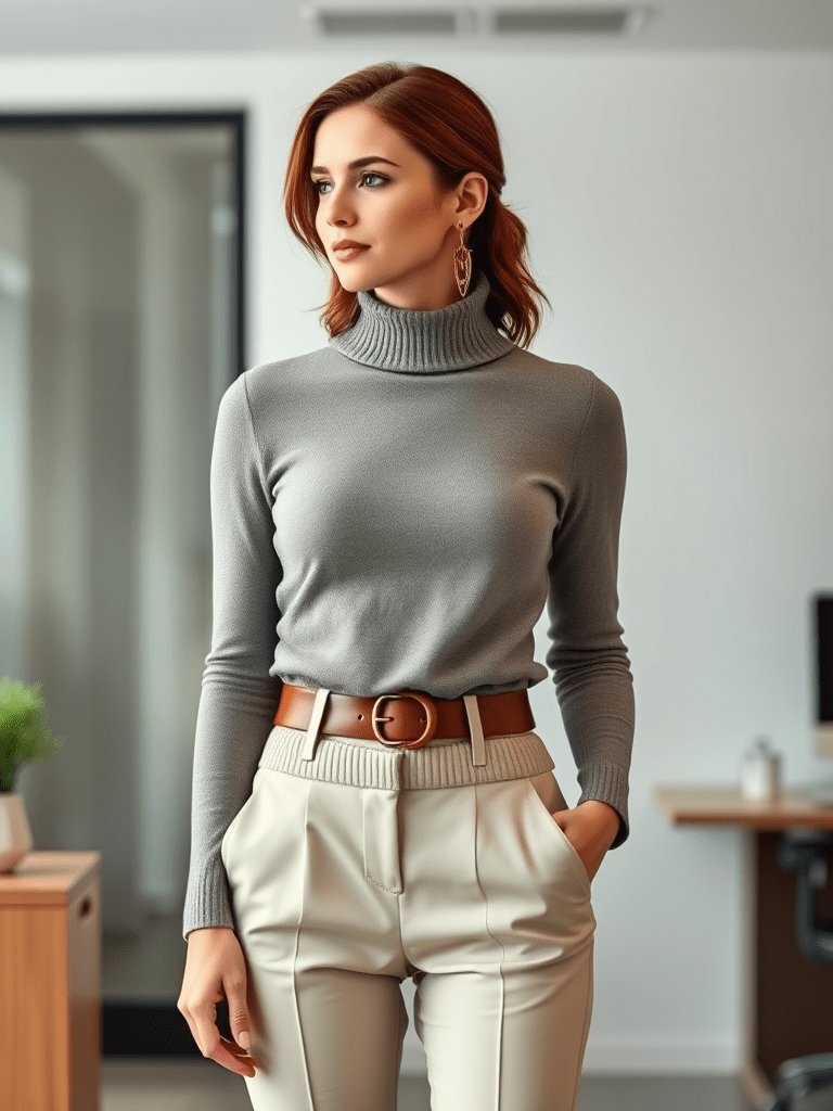 Chic turtleneck and high-waisted trousers outfit for fall from Shein