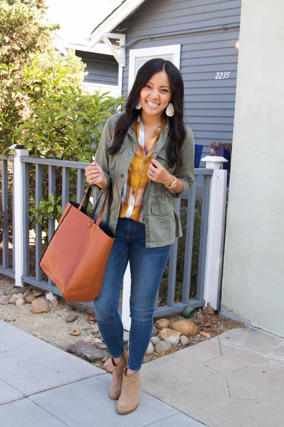 yellow-plaid-button-up-olive-utility-jacket-skinny-jeans-taupe-booties-cognac-tote-otufit-1