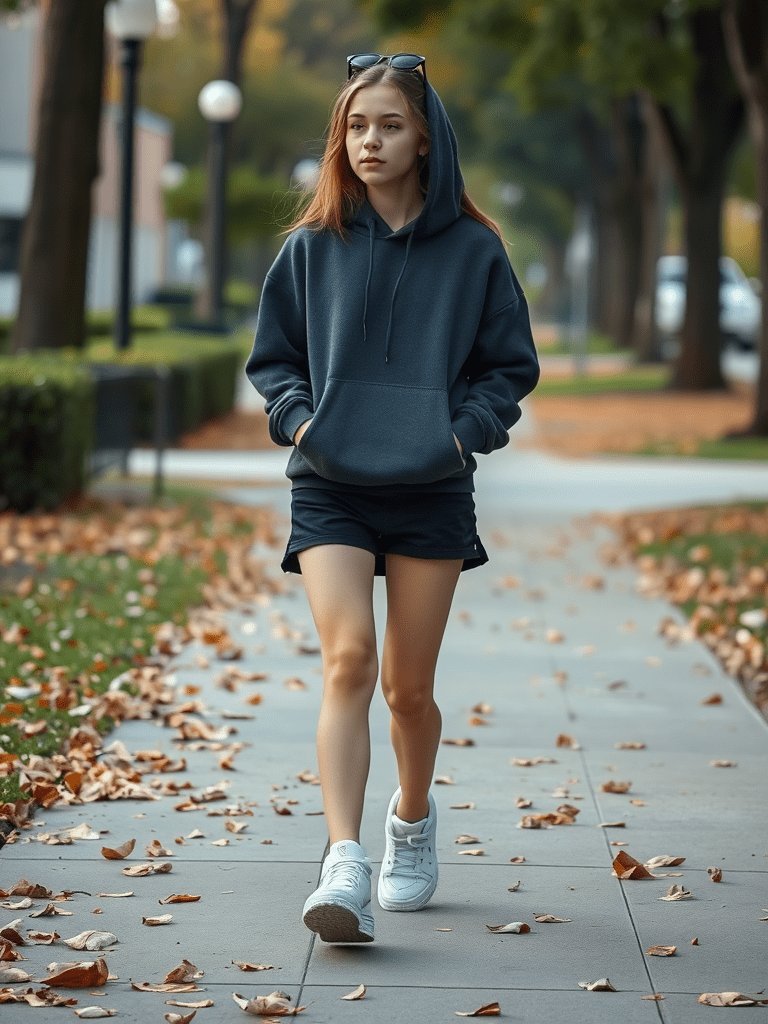 Teen girl in hoodie and bike shorts for casual fall look