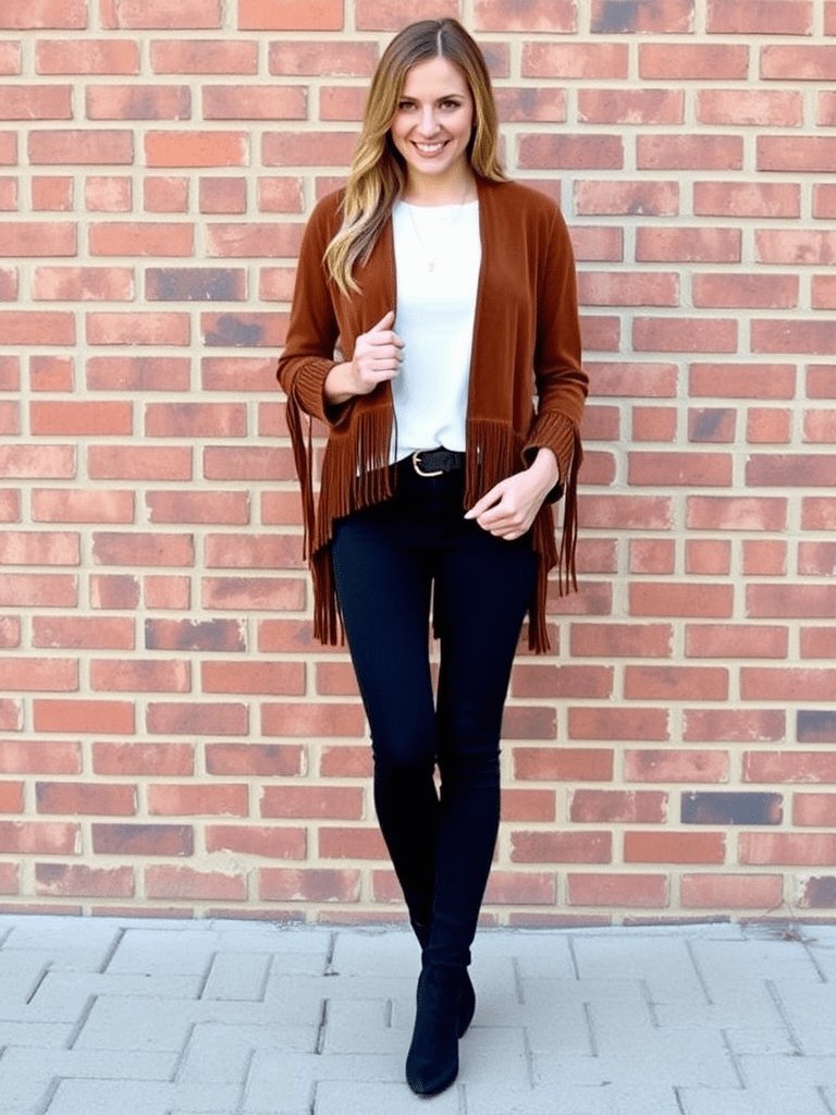 Boho fall outfit: Fringed suede jacket with skinny jeans