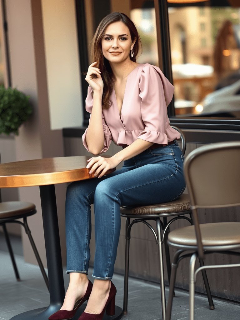 Romantic puff sleeve blouse and jeans outfit for fall from Shein