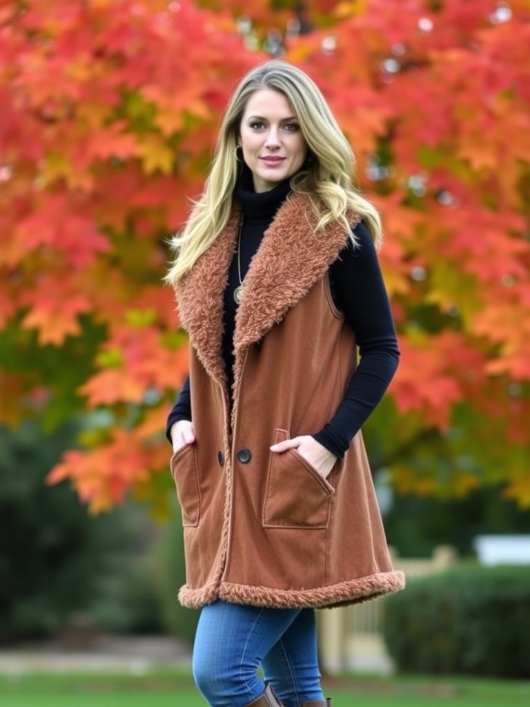 Boho fall outfit: Shearling vest with turtleneck