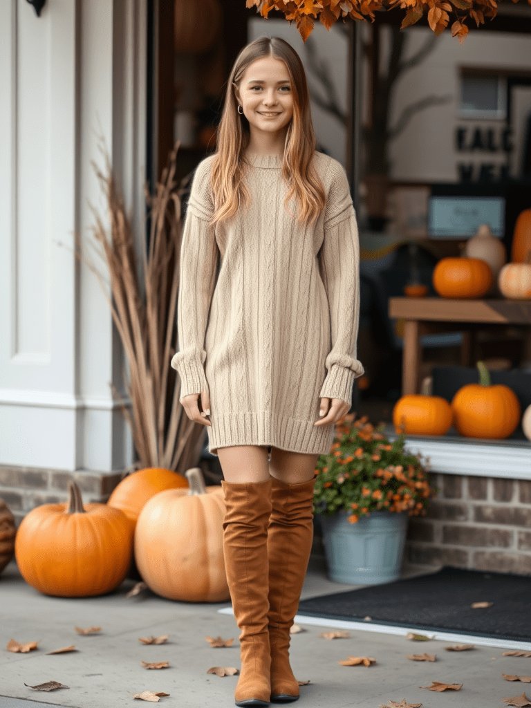Teen girl in sweater dress and boots for chic fall outfit