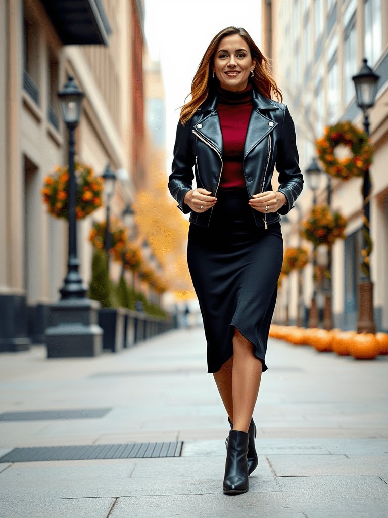 Edgy fall outfit: Leather jacket and midi skirt for a chic autumn ensemble
