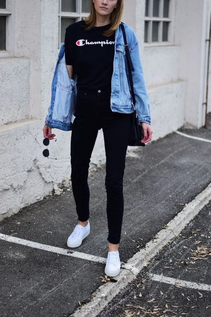 all-black-outfit-black-jeans-champion-t-shirt-denim-jacket-fall-outfits-for-girls-white-sneakers