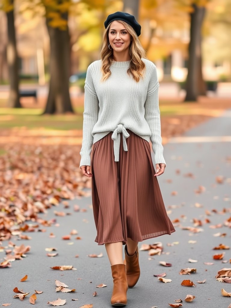 Stylish tie-front sweater and midi skirt outfit for fall from Shein