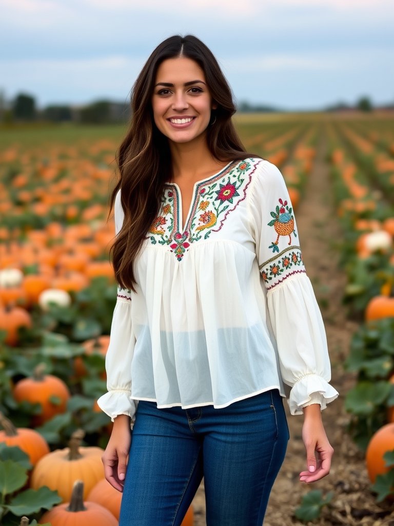 Boho fall outfit: Embroidered blouse with high-waisted jeans