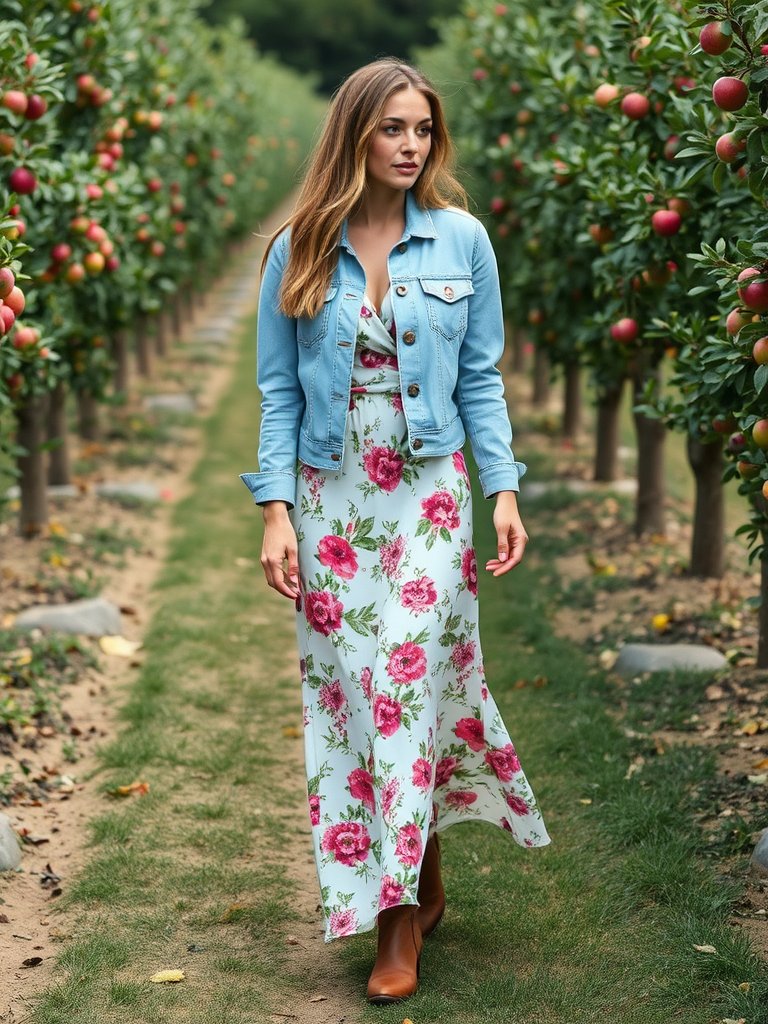 Woman in denim jacket and maxi dress for transitional fall style