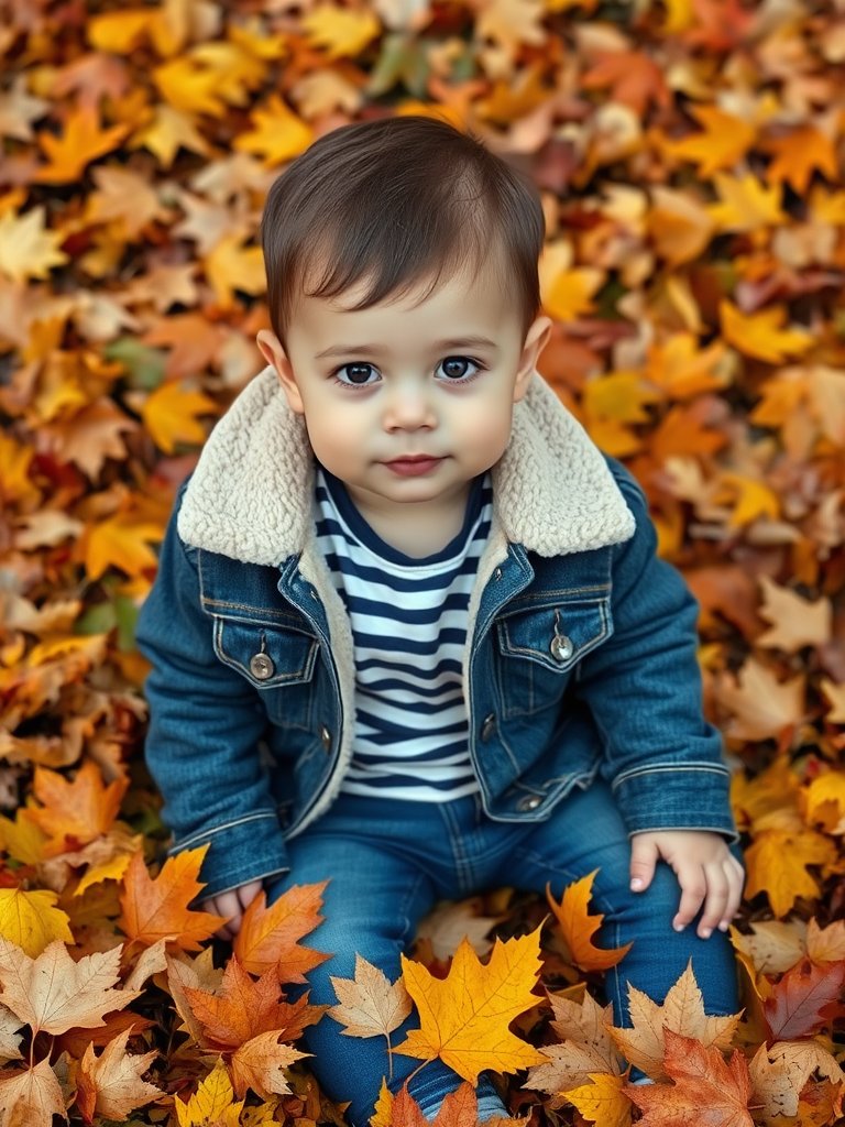 Baby boy in sherpa-lined denim jacket sitting in autumn leaves