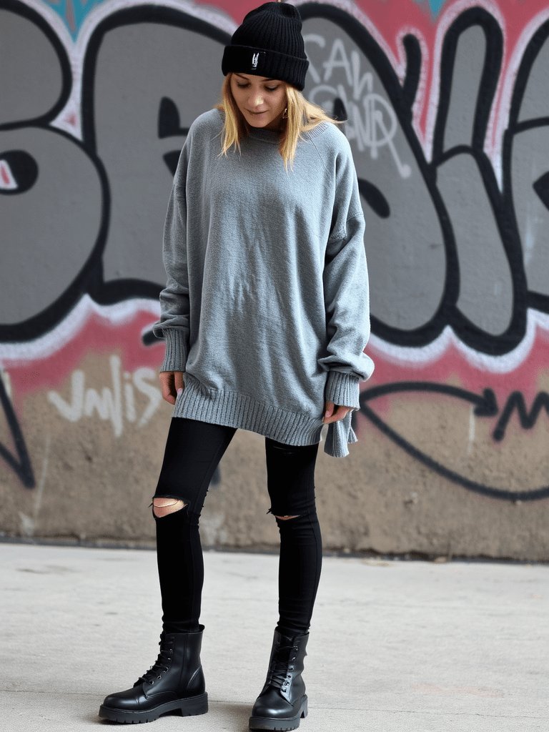 Edgy fall outfit: Oversized grunge sweater and ripped jeans