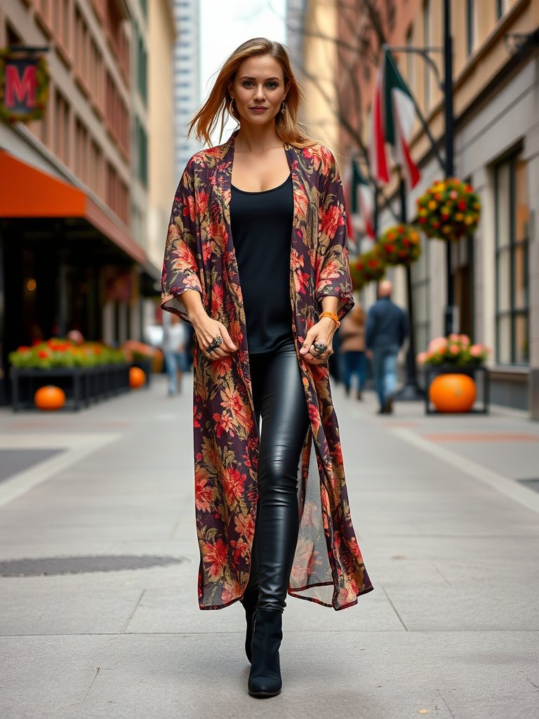 Boho fall outfit: Floral kimono with leather leggings
