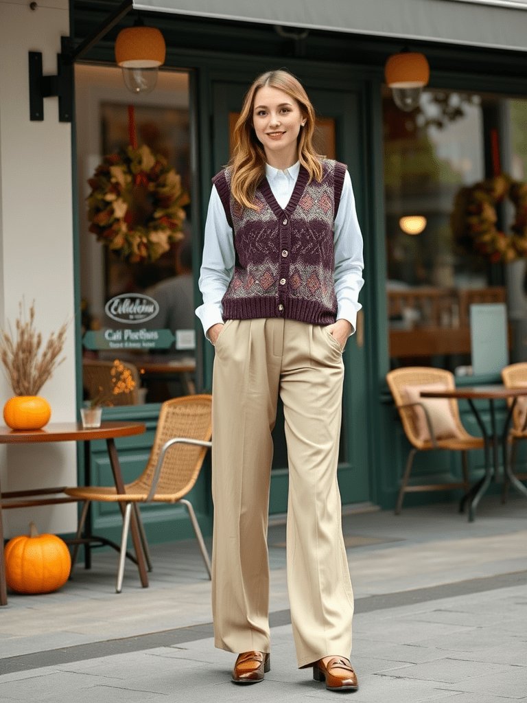 Chic fall outfit: Sweater vest and wide-leg trousers for a preppy autumn style