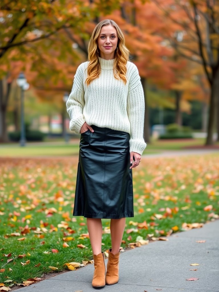 Woman in leather midi skirt and chunky sweater for fall