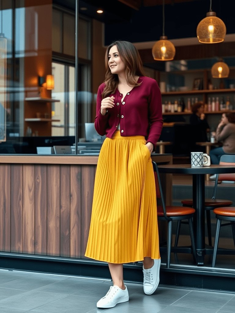 Pleated midi skirt fall outfit with cardigan