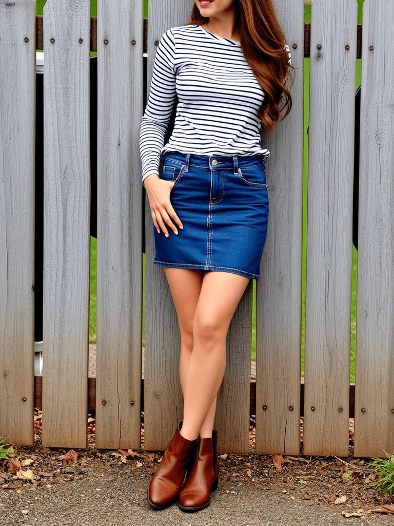 Casual fall outfit with denim skirt and ankle boots