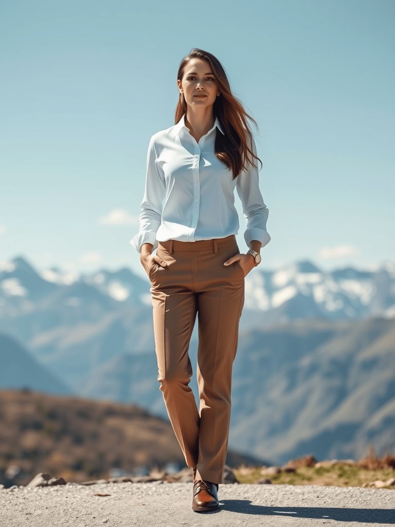 Swiss-inspired fall outfit with crisp white shirt and tailored trousers