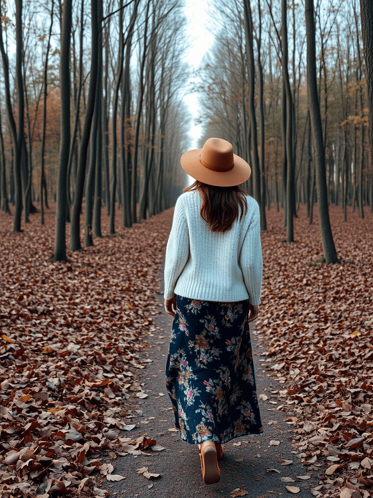Boho fall outfit: Felt hat with flowy midi skirt