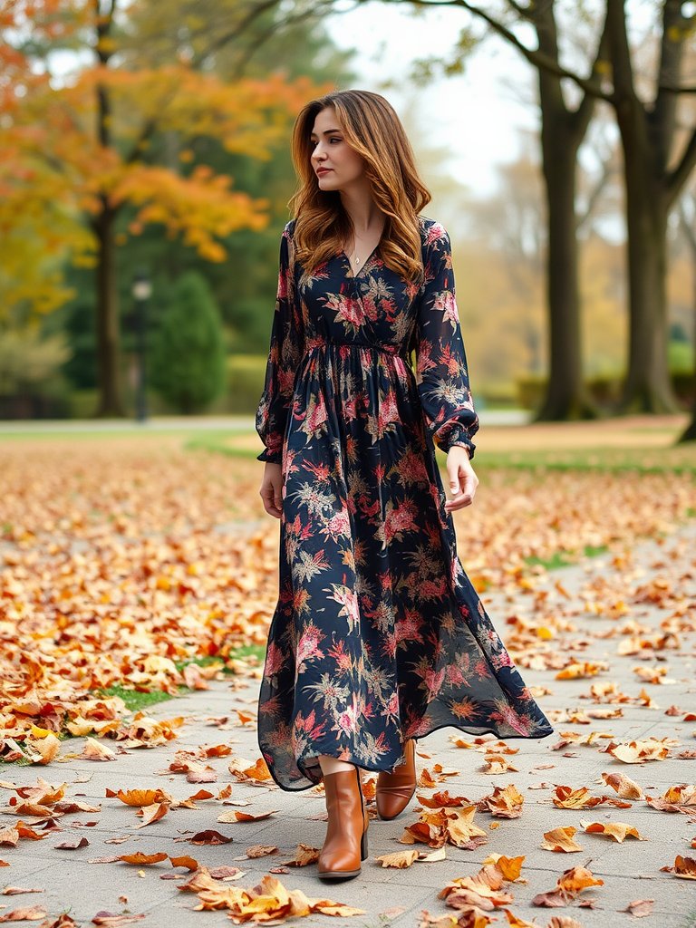 Boho fall outfit: Flowy maxi dress with ankle boots