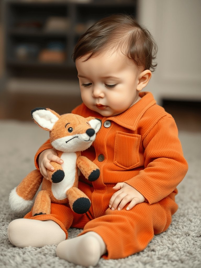 Baby boy in corduroy jumpsuit playing with stuffed fox