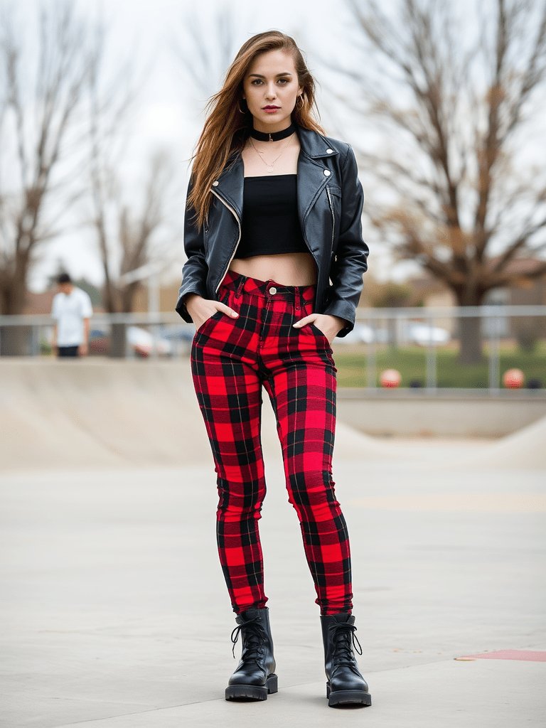 Edgy fall outfit: Plaid pants and crop top
