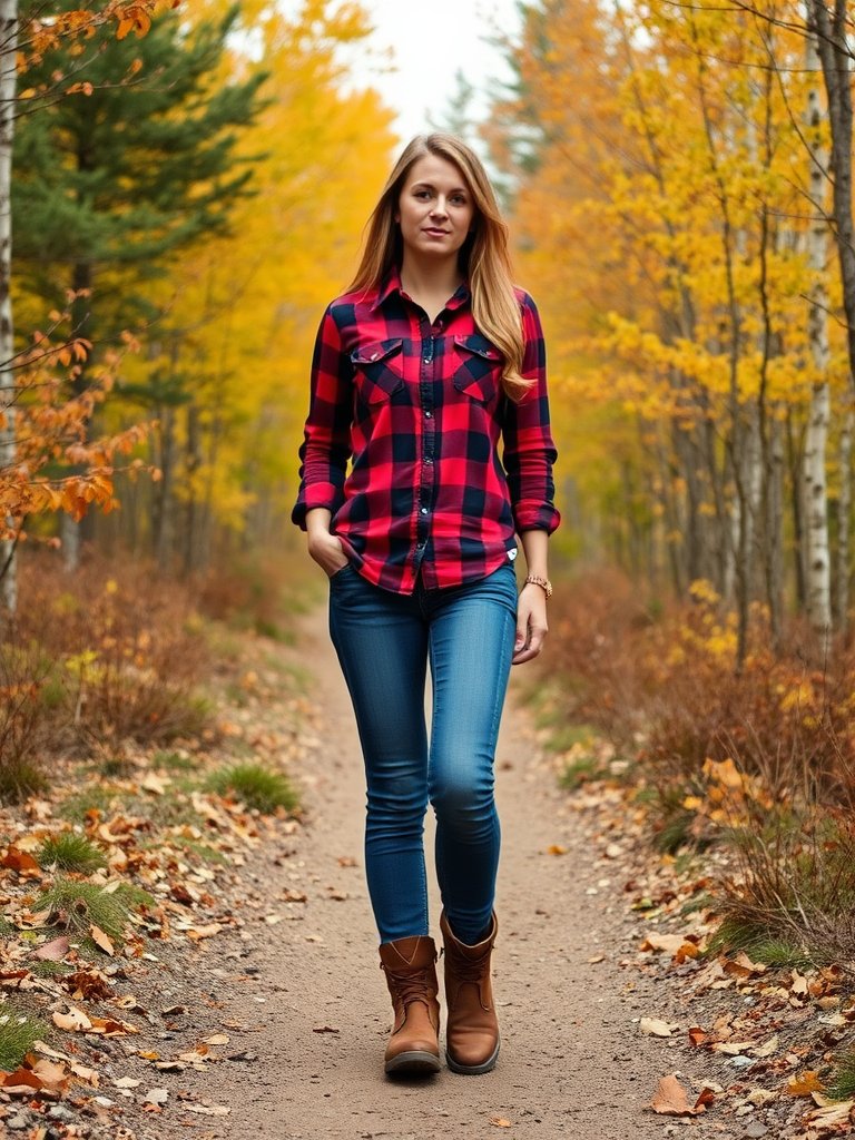 Outdoor fall outfit with plaid shirt and hiking boots