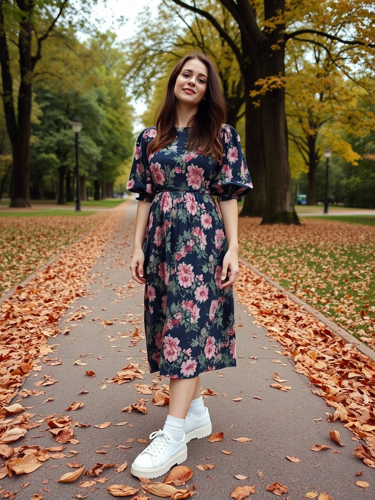 90s inspired fall outfit: midi dress and chunky sneakers