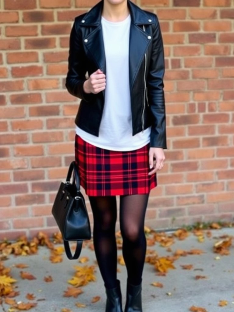 Edgy fall outfit: Leather jacket and plaid skirt combo