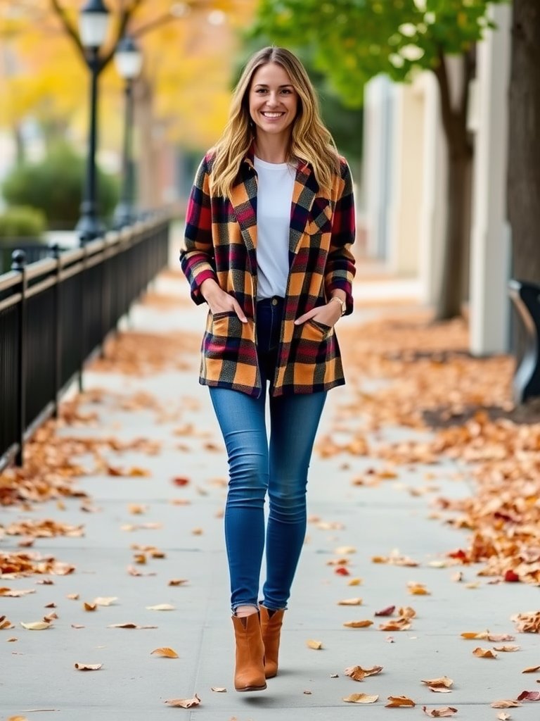 Trendy plaid shacket and jeans outfit for fall from Shein