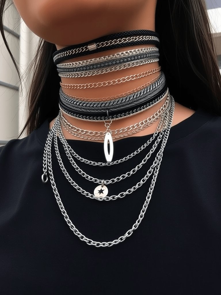 Edgy fall outfit: Layered chokers and chain necklaces