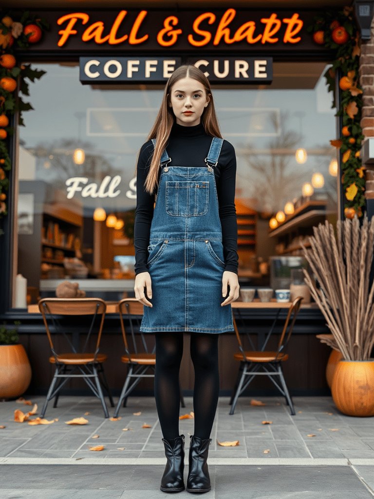 Teen girl in turtleneck and overall dress for cute autumn outfit