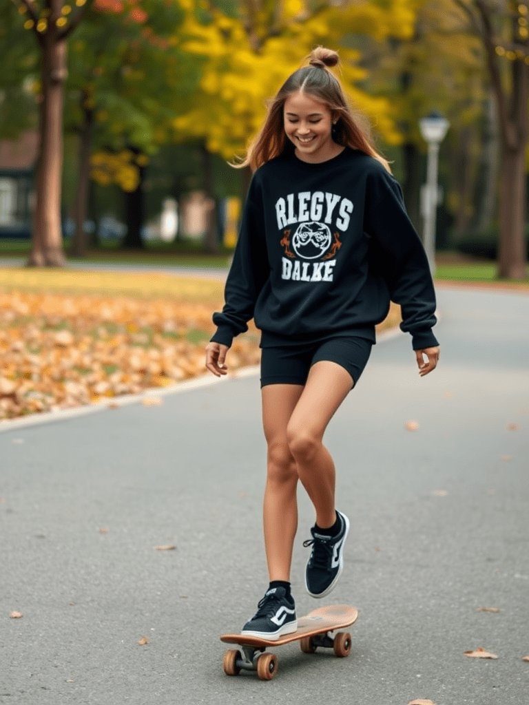 Teen girl in graphic sweatshirt and bike shorts for casual fall outfit