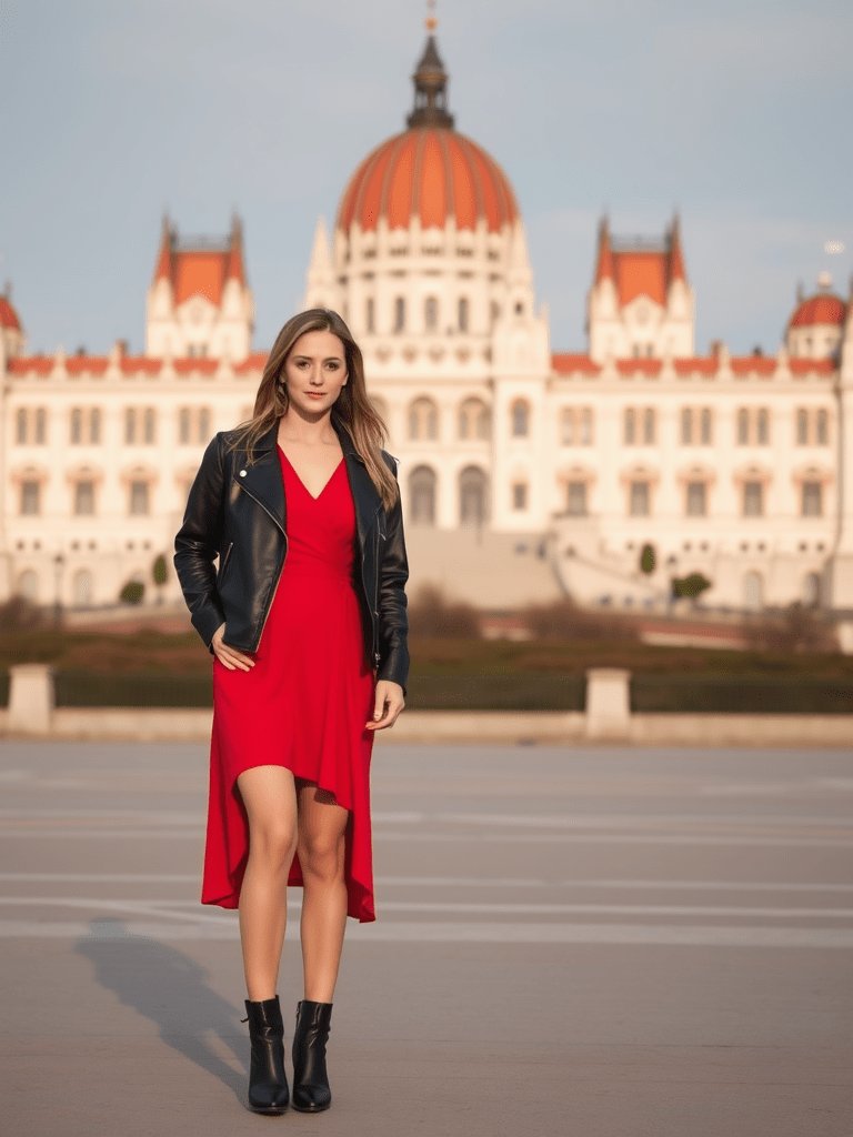 Hungarian-inspired fall outfit with vibrant red dress and leather jacket