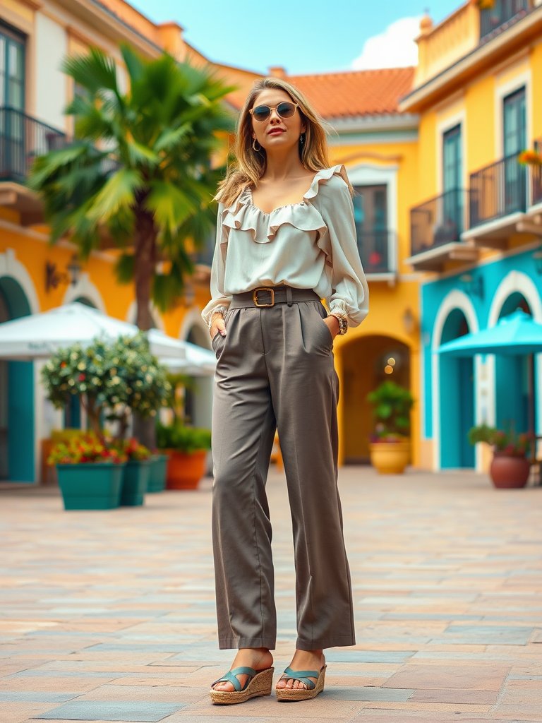 Spanish-inspired fall outfit with ruffled blouse and wide-leg pants