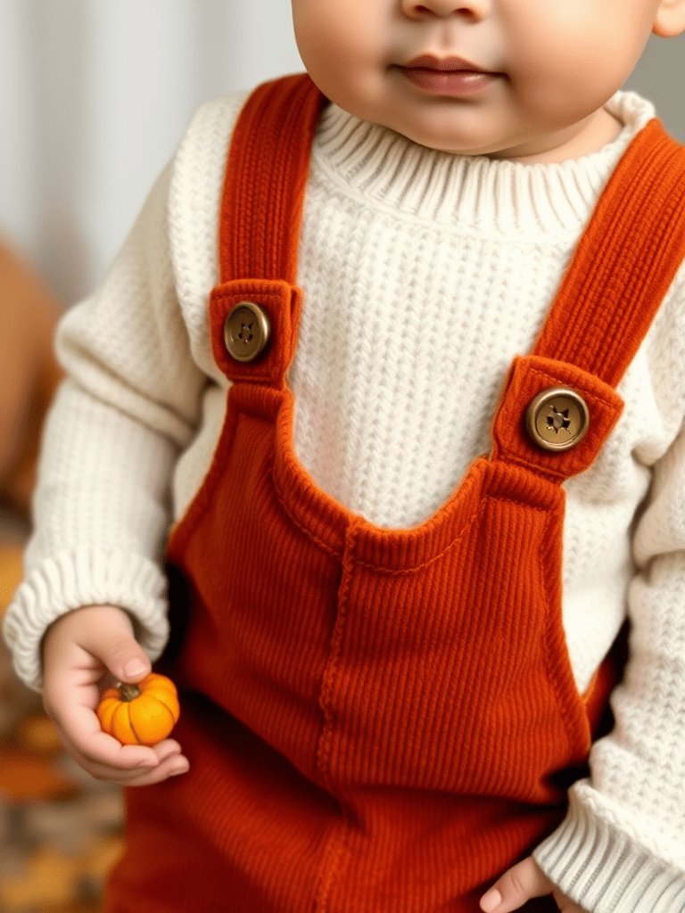 Baby boy in corduroy overalls holding small pumpkin