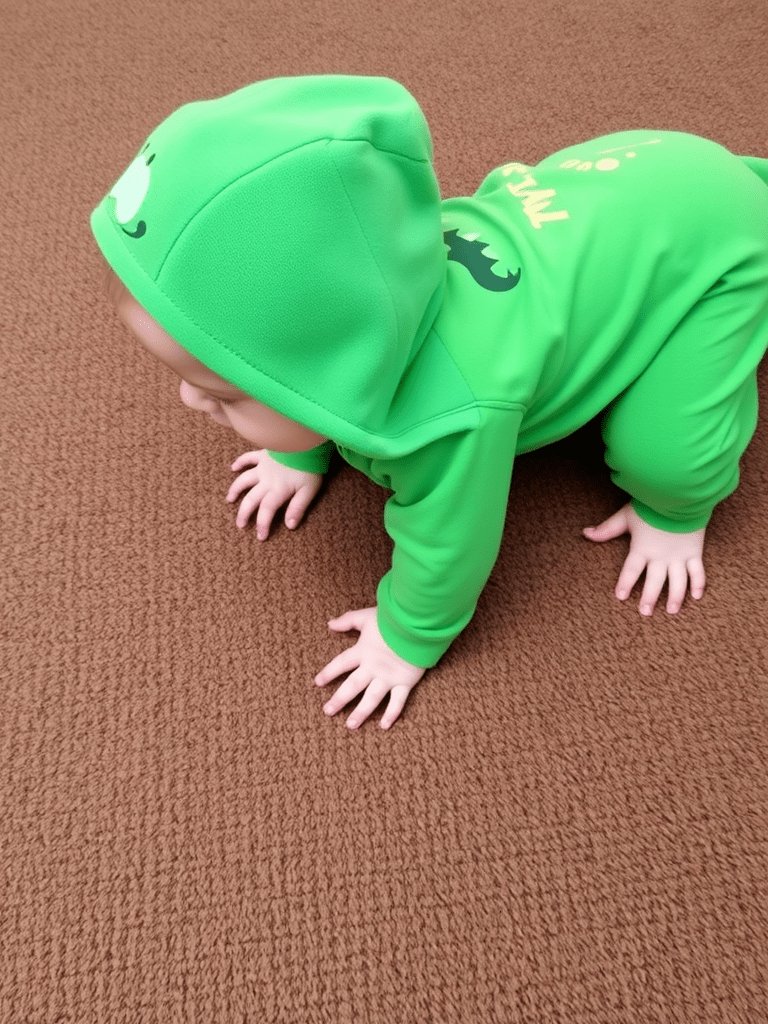 Baby boy in dinosaur onesie crawling on carpet