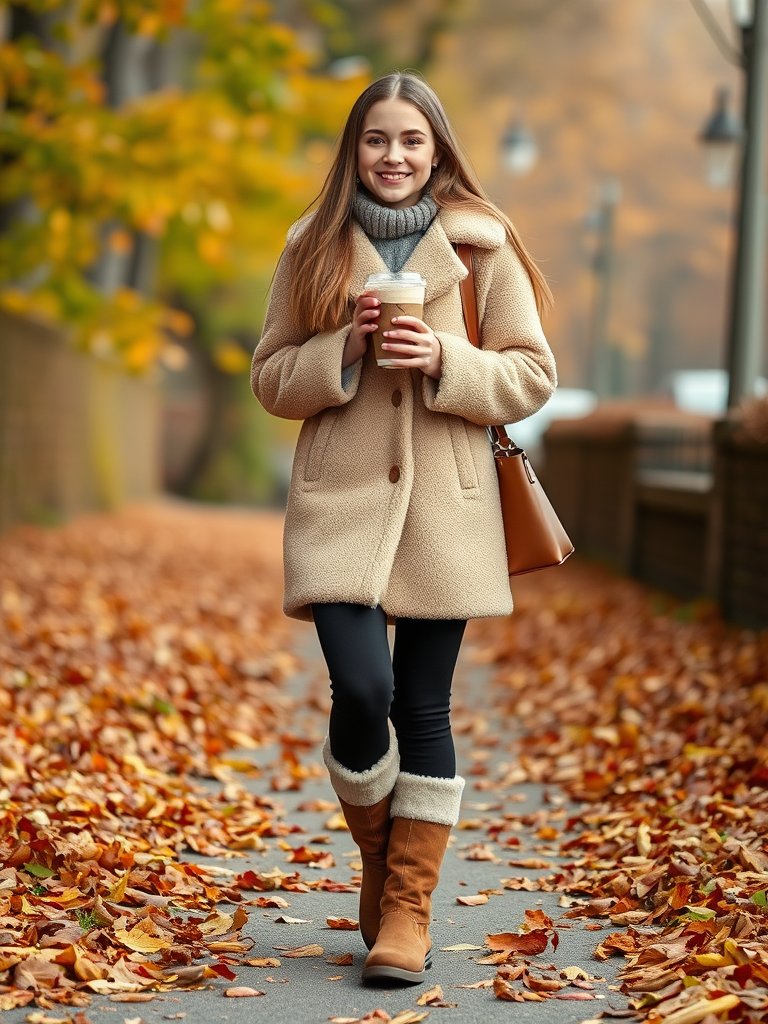 Teen girl in teddy coat and leggings for cozy autumn outfit