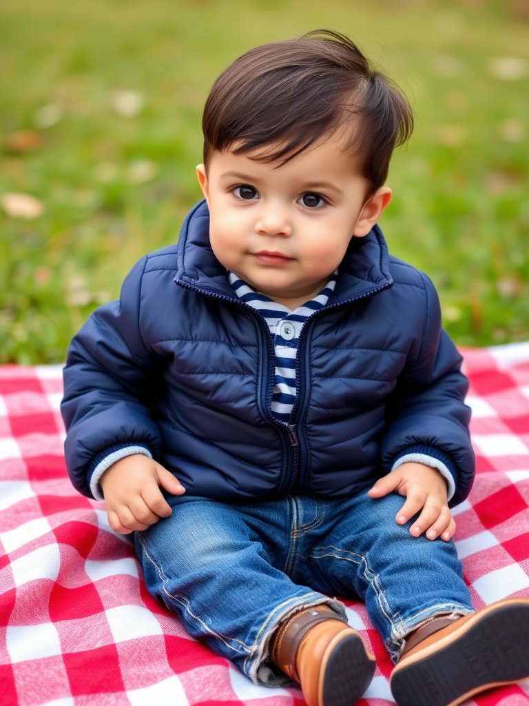 Baby boy in quilted jacket sitting on picnic blanket