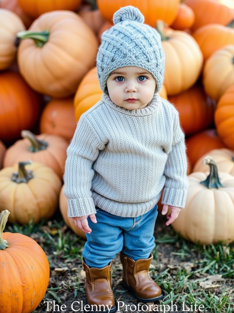 Baby boy in beanie and boots standing near pumpkins