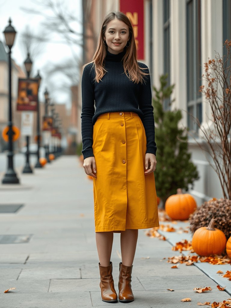 Teen girl in midi skirt and turtleneck for fall fashion