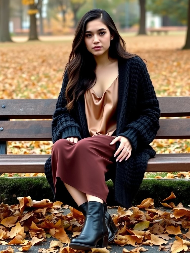 Teen girl in slip dress and chunky sweater for trendy autumn look