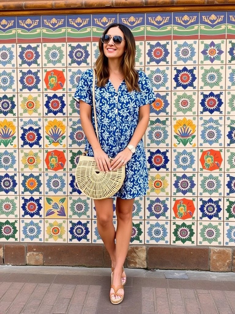 Portuguese-inspired fall outfit with blue and white patterned dress