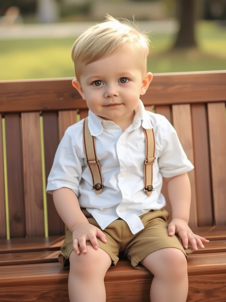 Baby boy in suspender shorts sitting on wooden bench