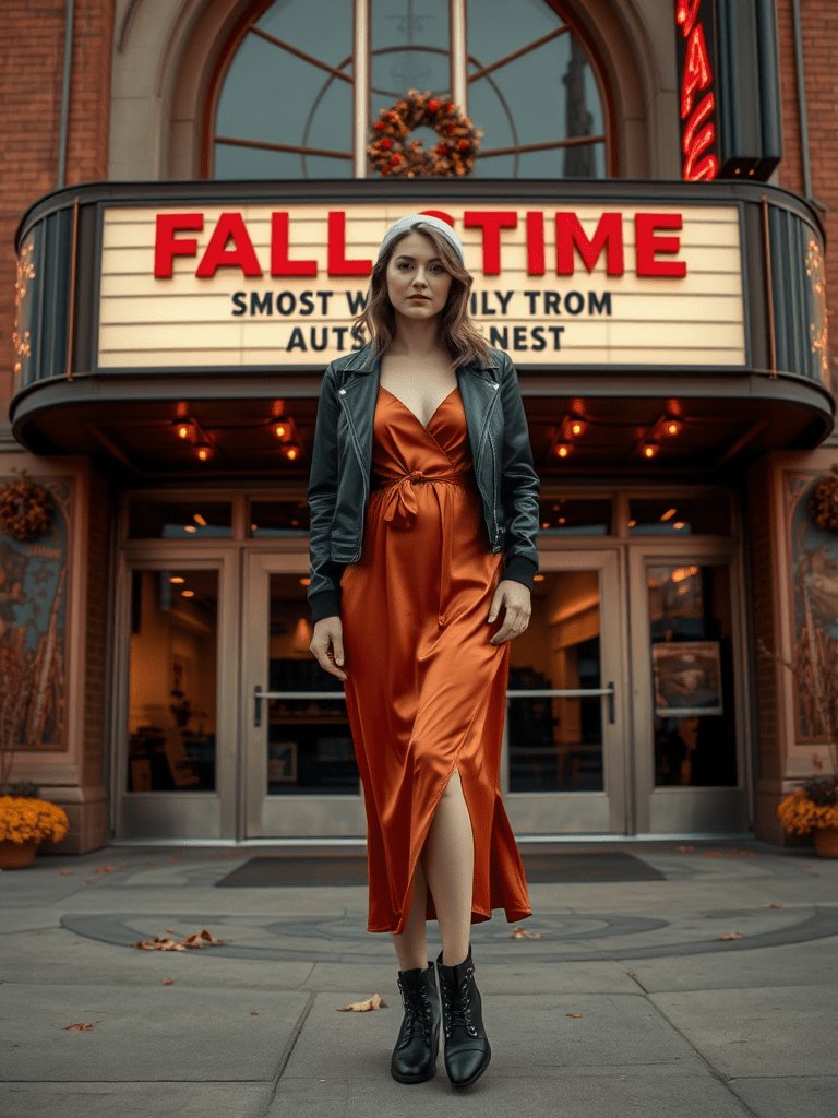 Woman in slip dress and leather jacket for edgy fall glamour