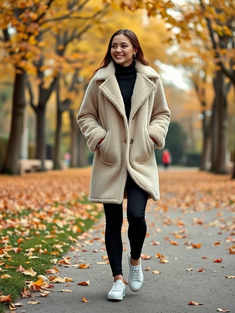 Cozy fall outfit: Teddy coat and leggings for a warm and stylish autumn look