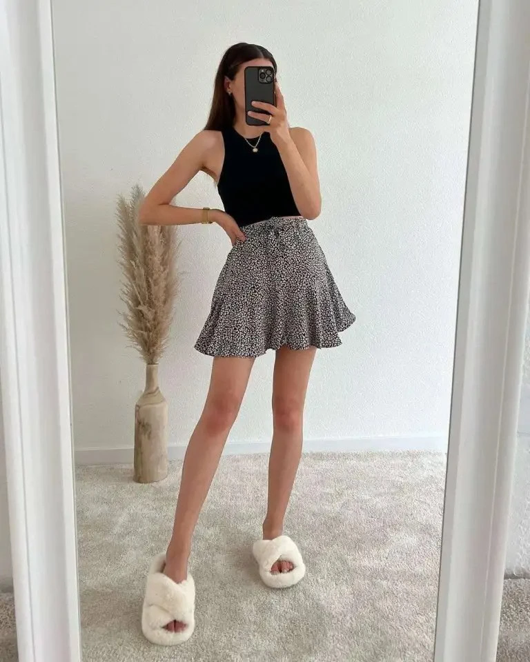 Crop-Top-with-Mini-Skirt-and-Fuzzy-Slippers
