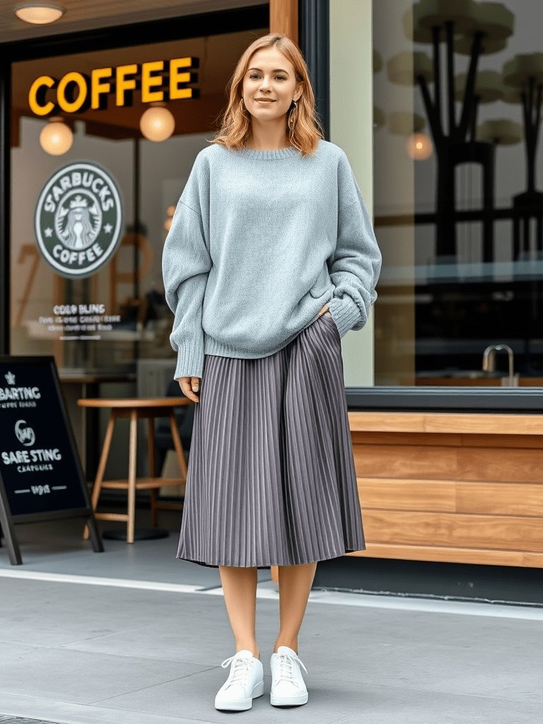 Woman in slouchy sweater and midi skirt for comfortable fall look